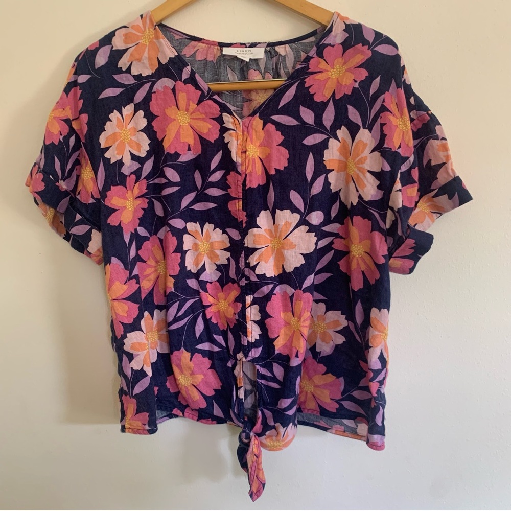 Charter Club Luxury Linen Crop Floral Blouse Size L